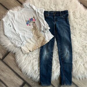 Floral Llama Top and Gap Denim Jeans Set Size 7